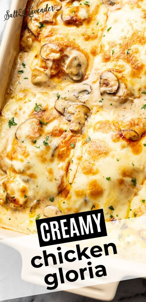 Chicken Gloria Recipe, Chicken Gloria Casserole, Chicken Gloria, Baked Chicken Recipe, Chicken Breast Recipes Baked, Chicken Entrees, Turkey Dishes, Duck Recipes, Melty Cheese