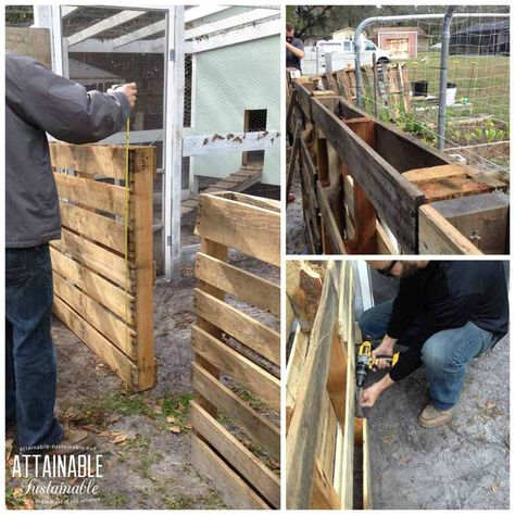 Recycle pallets to create a free chicken run to give your hens more space to roam. Chicken Coop Extension, Pallet Chicken Run, Chicken Coop Blueprints, Cheap Chicken Coops, Chicken Coop Pallets, Sustainable Farm, Easy Chicken Coop, Portable Chicken Coop, Chicken Coop Run