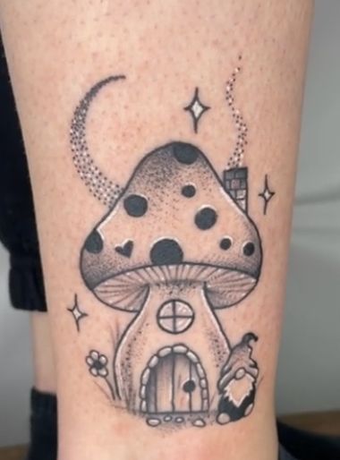 Mushroom Fairy House Tattoo, Gnome Tattoo Small Simple, Knomes Tattoos, Gnome Mushroom Tattoo, Gnome Tattoos For Women, Mushroom House Tattoo, Cute Mushroom Tattoos, House Tattoo, Mushroom Tattoo