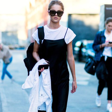 Layer a tee under a slip dress this summer for daytime ease. Slip Dress Tshirt, Overalls Street Style, Overalls Chic, Layered Slip Dress, Overall Outfit, Chic Casual, Denim Overalls, Looks Style, Daily Fashion