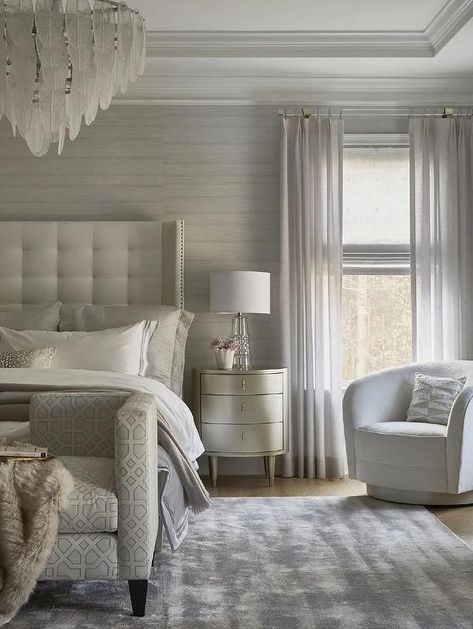 White Tufted Wingback Bed with Silver Leaf Oval Nightstand - Transitional - Bedroom Bedroom With Windows On Each Side Of Bed, Grey Bedroom Furniture Ideas, Oval Nightstand, Leaf Chandelier, Grey Bedroom Furniture, Hotel Bedding, Nightstand Light, Wingback Bed, Transitional Bedroom