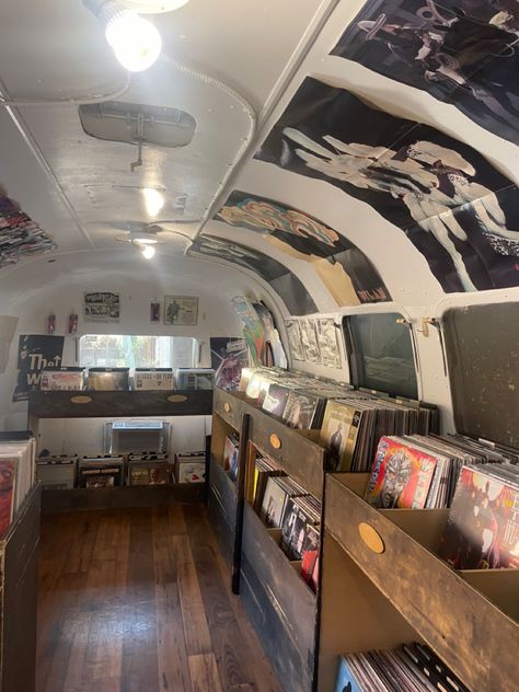 Bookmobile Interior, Airstream Bookstore, Mobile Bookstore, Record Shop Aesthetic, Coffee Area, Blue Bus, Mobile Library, Market Table, Mobile Coffee Shop