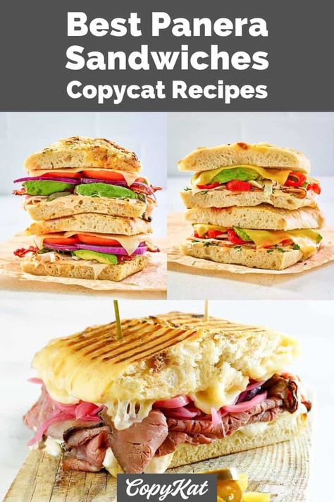 If you enjoy Panera Bread and want to recreate their famous sandwiches at home, you're in luck! You can make the best Panera sandwiches that taste just like the real thing. Find recipes for chicken, steak, turkey and vegetarian sandwiches. Great for lunch or dinner, these copycat Panera sandwich recipes are sure to be a favorite. Panera Recipes Copycat, Famous Sandwiches, Panera Sandwiches, Chicken Panini Sandwiches, Company Recipes, Vegetarian Sandwiches, Panera Recipes, Hot Sandwich Recipes, Recipes For Chicken