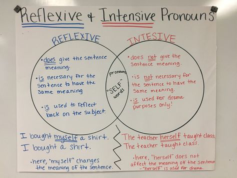 Intensive VS. reflexive pronouns Reflexive Pronouns Anchor Chart, Reflexive Pronouns Activities, Reflexive Pronouns Worksheet, Intensive Pronouns, Sixth Grade Reading, Reflexive Pronouns, Pronouns Worksheet, Pronoun Activities, Middle School Grammar