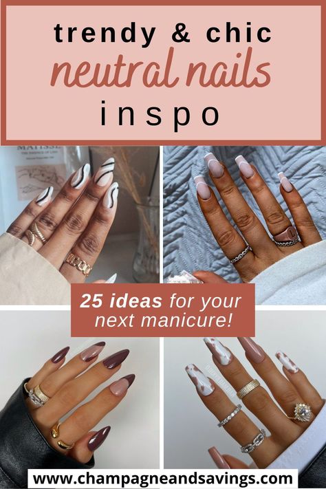 Fun Neutral Nails Nailart, Beige Nails White Design, Neutral Nail Arts, February Neutral Nails, Almond Neutral Nails Designs, Minimalist Acrylic Nails Almond, Fall Nails Lines, Cream Color Nails Design, Inverted Nail Designs