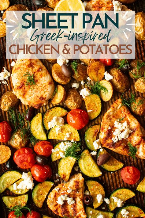 This Greek chicken and potatoes features favorites like tomatoes, olives, feta and dill. The prep time is minimal so it's a great choice for weeknights. Bonus: only one pan to clean! Greek Chicken Breast, Greek Chicken And Potatoes, Greek Potatoes, Chicken And Potatoes, One Pan Dinner, Chicken Entrees, Mediterranean Chicken, Citrus Chicken, Chicken Potatoes