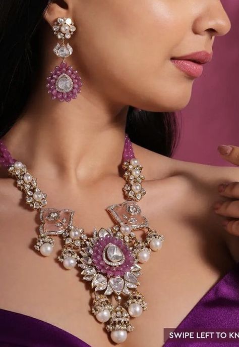 Polki Pendent Sets, Mozonite Jewelry, Polki Pendent, Purple Necklace Set, Jaipur Jewelry, Neck Pieces Jewelry, Diamond Pendent, Diamond Pendants Designs, Fancy Jewelry Necklace