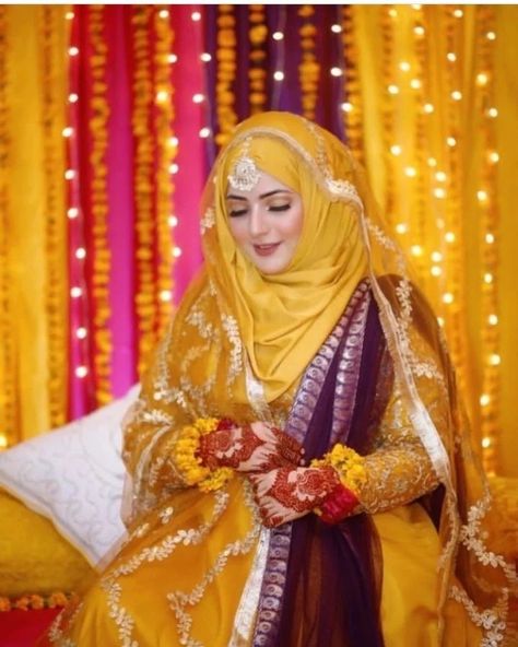 #hijab Hijab Bride Pakistani, Yellow And Purple Outfit, Mayon Dress, Haldi Look For Bride, Bride In Hijab, Purple Outfit Ideas, Bed With Lights, Hijab Princess, Biker Girl Style