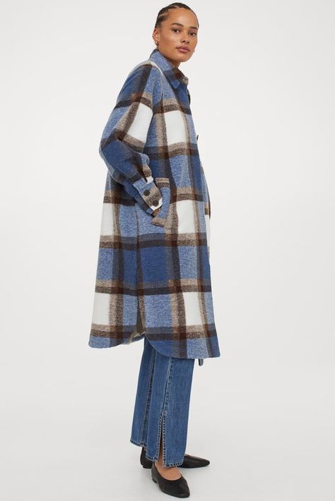 Cozy and Chic: H&M Oversized Coat Knee Length Coat, Statement Coat, Check Coat, Oversized Coat, Cozy Chic, Classic Jeans, Blue Check, Blue Plaid, Fashion Company