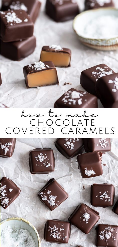 Chocolate Covered Caramels, Soft Caramel, Desserts Vegan, Caramel Candy, Salted Chocolate, Caramel Recipes, Melting Chocolate Chips, Homemade Caramel, Homemade Candies