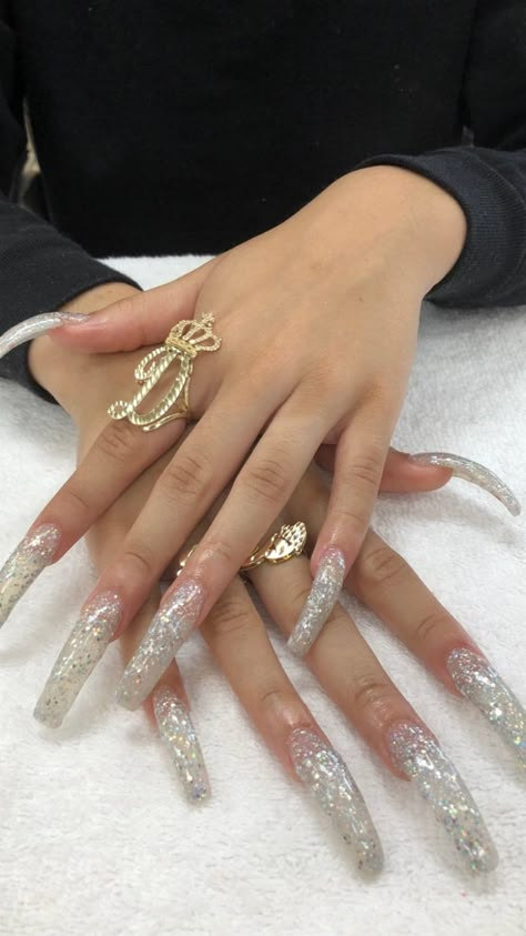 Tapered Square Curved Nails, Xl Curved Acrylic Nails, Glammed Nails, Curved Coffin Nails, 90s Curved Nails French Tip, Long Curved Acrylic Nails, 90s Curved Nails Long, Curve Nails, Silver Glitter Nails