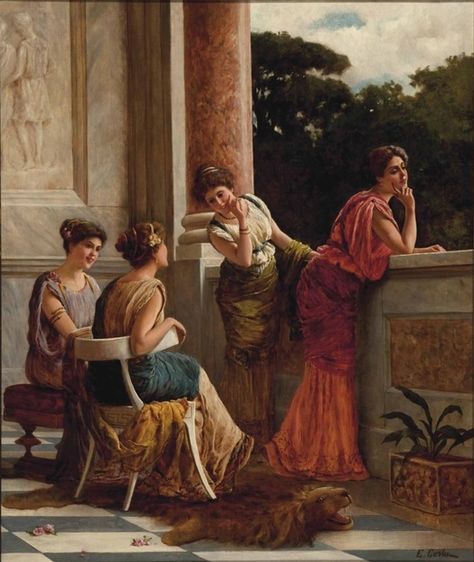 Emmanuele Costa - Ladies gossiping on a balcony Greek Paintings, Pre Raphaelite Art, Ancient Paintings, Rennaissance Art, Classical Antiquity, Historical Painting, Classic Paintings, Paintings I Love, Historical Art