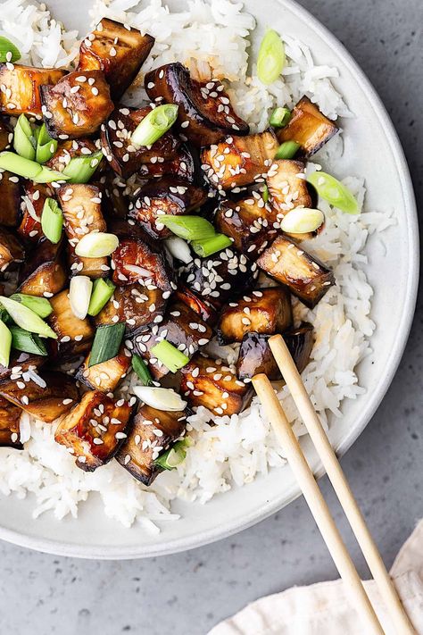 Soy Sauce Veggies, Eggplant Rice Bowl, Eggplant And Rice, Eggplant Lunch Ideas, Eggplant And Rice Recipes, Meals With Eggplant, Marinated Aubergine, Eggplant Recipes Vegan, Eggplant Meals