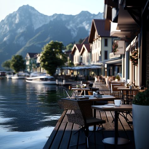 Discover this enchanting lakeside café nestled in the Alps, where every table offers front-row seats to nature's grandest show. Modern outdoor seating meets traditional Alpine architecture, creating the perfect spot for morning coffee or sunset dining. Mountain View Restaurant, Alpine Architecture, Lakeside Cafe, Modern Outdoor Seating, The Alps, European Travel, Modern Outdoor, Outdoor Seating, Mountain View