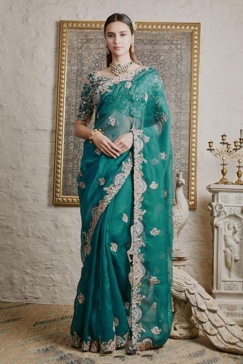 Buy #peacock #green saree with #floral embroidery & sequin detailing. Paired with back tassel tie up #blouse by #Prisho at #AzaFashions Shop online now at #Azafashions.com Call +91 8291990059 or email contactus@azafashions.com for enquiries. #wedding #festive #ethnic #tradional #shopping #shoponline #party #reception #bride Peacock Green Saree, Tie Up Blouse, Saree Wearing Styles, Simple Saree Designs, Indian Bridal Sarees, Fancy Sarees Party Wear, Modern Saree, Indian Party, Indian Fashion Saree