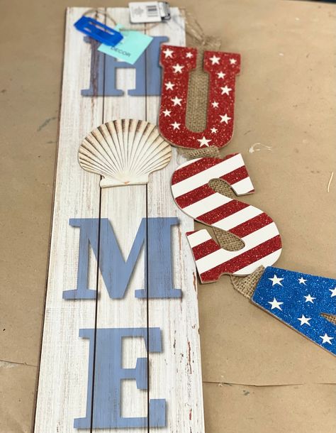 Burlap Kitchen - Dollar Tree Rustic USA Sign Dollar Tree Sign Makeover, Patriotic Door Sign, Dollar Tree Patriotic Crafts, Fourth Of July Sign, Usa Wooden Signs, We The People Wood Sign, American Flag Welcome Sign, Americana Porch Sign, Burlap Kitchen