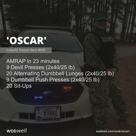 "Oscar" Workout, CrossFit WOD | WODwell - AMRAP in 23 minutes; 9 Devil Presses (2x40/25 lb); 20 Alternating Dumbbell Lunges (2x40/25 lb); 9 Dumbbell Push Presses (2x40/25 lb); 20 Sit-Ups Amrap Crossfit Workouts, 20 Minute Crossfit Workout, Monday Crossfit Workout, Hero Crossfit Workouts, Dumbbell Crossfit Wod, Dumbbell Amrap Workout, Wod Dumbbell Workouts, Db Workout Crossfit, Devils Press Workout