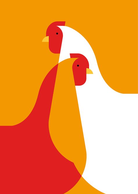 Contemporary Illustration Art, 3 Color Illustration, Chicken Illustration Cute, Chicken Illustration Design, Line Art With Color, Simple Illustration Art, Hen Illustration, Geometrical Illustration, Illustrated Birds