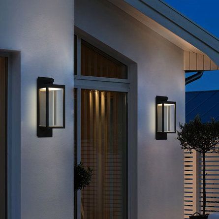 Latitude Run® Elah 14.25" H Integrated LED Outdoor Armed Sconce | Wayfair Grey Lamp, Patio Fence, Outdoor Wall Lantern, Porch Lighting, Wall Lantern, Hollow Design, Modern Square, Outdoor Wall Lamps, Led Wall Lights