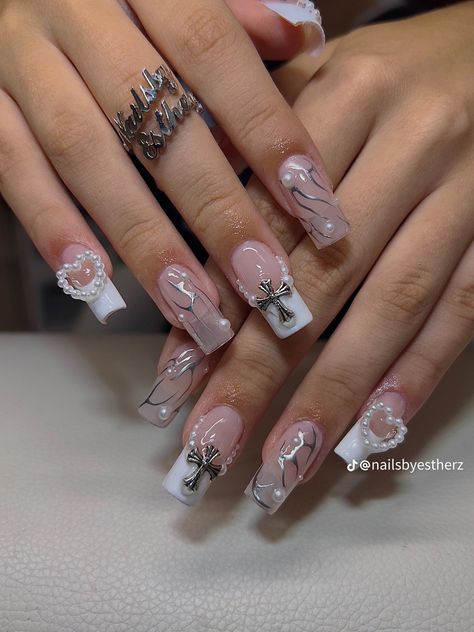 Nails With Cross Charm, Christian Nails Designs, Cross Nail Charm, Heaven Nails, Cross Nail Designs, Cross Nails, Angel Nails, Nail Board, Soft Nails