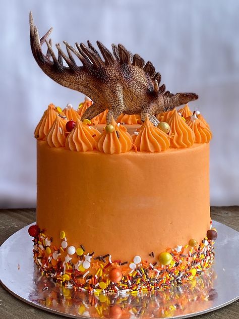 Stegosaurus Cake, Orange Color Cake, Orange Cake Decoration, Easy Cakes For Kids, Orange Birthday Cake, Orange Birthday Parties, Dino Cake, Orange Birthday, Dinosaur Birthday Cakes