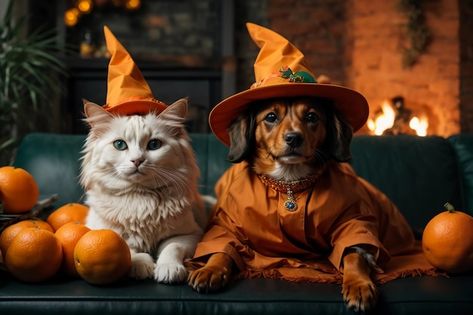 Photo spooky feline amp canine halloween... | Premium Photo #Freepik #photo Halloween Post, Witch Hats, Halloween Banner, Halloween Inspo, Halloween Card, Halloween Animals, Dog Halloween, Cute Kittens, Cats And Dogs