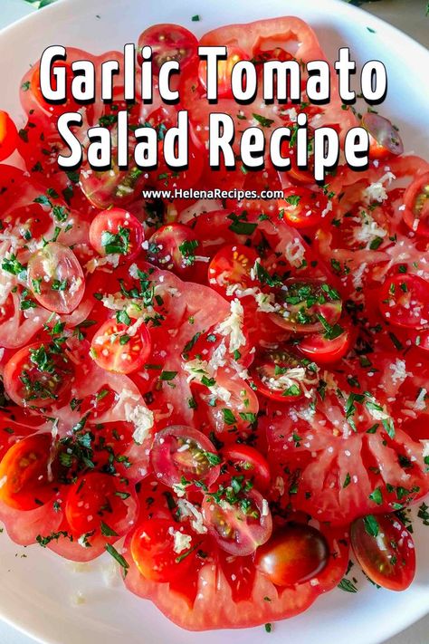 Serving the best ever garlic tomato salad. Cherry Tomato Salad Recipes, Black Cherry Tomato, Tomato Salad Recipe, Cherry Tomato Salad, Marinated Tomatoes, Tomato Salad Recipes, Simple Salad, Summer Food, Tasty Bites