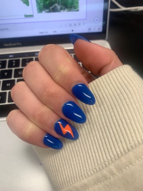 Thunderbolt Nail Art, Okc Thunder Nails, Nails With Lightning Bolt, Orange And Blue Nails Design, Orange Blue Nails, Blue Orange Nails, Orange And Blue Nails, Nails With Orange, Lightning Bolt Nails