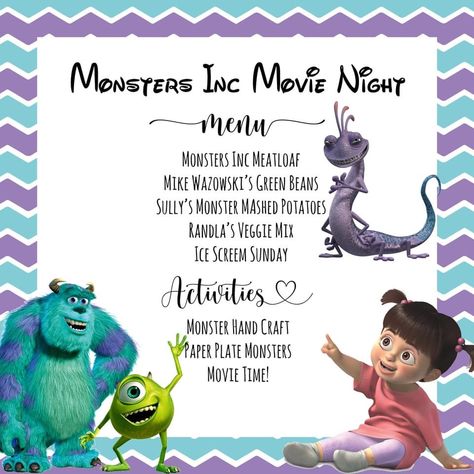 Monsters Inc Movie Night Food, Monster Inc Movie Night, Themes Dinner Nights, Disney Movie Themed Dinner, Disney Nights, Disney Meals, Themed Dinners Ideas, Family Movie Night Themes, Disney Movie Night Menu