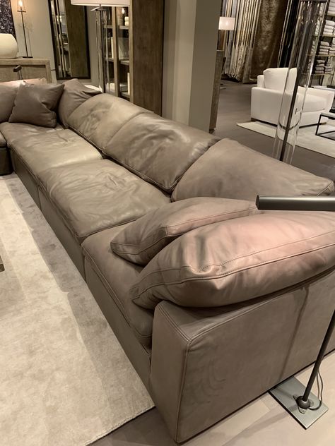 RH cloud grey leather couch Cloud Couch Leather Living Room, Grey Cloud Couch Living Room, Leather Cloud Couch, Gray Leather Couch Living Room, Grey Cloud Couch, Grey Leather Couch Living Room, Cloud Couch Living Room, Leather Couch Decorating, Cottage Basement