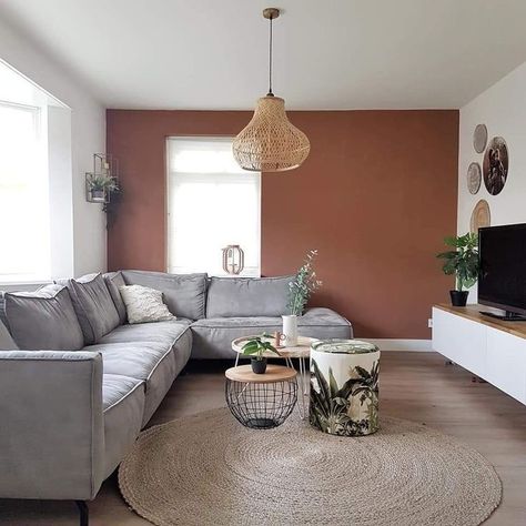 Terracotta Grey Living Room, Grey And Terracotta Living Room, Mauve Living Room, Terracotta Living Room, Sage Living Room, Living Room Wall Color, Grey Couch Living Room, Living Room Orange, Pink Living Room