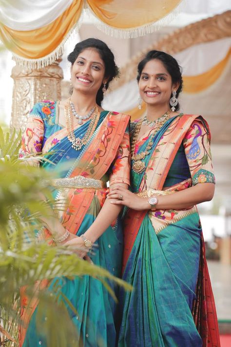 Benaras Lehangas, Paithani Saree Wedding, Blouse Neck Design, Paithani Blouse, Indigo Saree, Gorgeous Saree, Saree Styling, Sisters Love, Half Saree Function