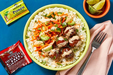 Banh Mi-Style Turkey Meatball Bowls Recipe | HelloFresh Meatball Bowls, Cooking For Dummies, Turkey Meatball, Bahn Mi, Tasty Meatballs, Mini Cucumbers, Pickled Veggies, Carrot Salad, Veggie Salad