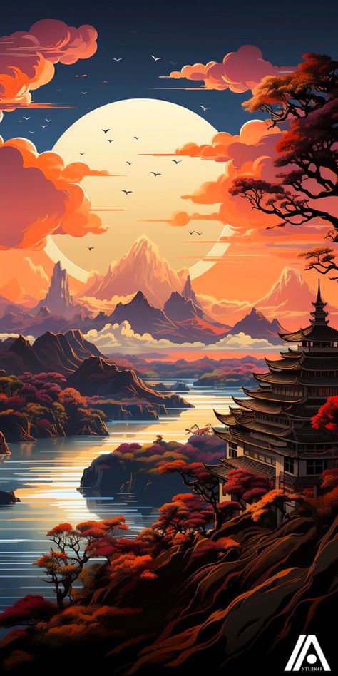 Vietnam Art Painting, Sunset Landscape Wallpaper, Vietnam Wallpaper, Midjourneyart Prompt, Vietnam Aesthetic, Nature Mural, Sunset Landscape Art, Active Wallpaper, Temple Tattoo