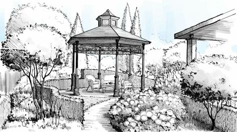 Perspective Garden Drawing, Garden Landscape Drawing, Gazebo Drawing, Garden Sketch Drawing, Backyard Drawing, Garden Perspective, Gothic Architecture Drawing, Garden Sketch, Interior Design Sketchbook