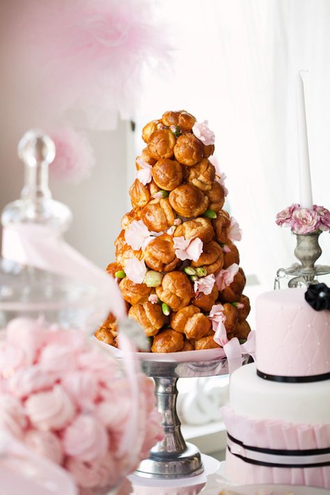 Pink Parisian Dessert Table Parisian Cake, Pink Parisian, Paris Bridal Shower, Pink Macarons, French Party, Parisian Party, Parisian Theme, Croquembouche, Paris Party