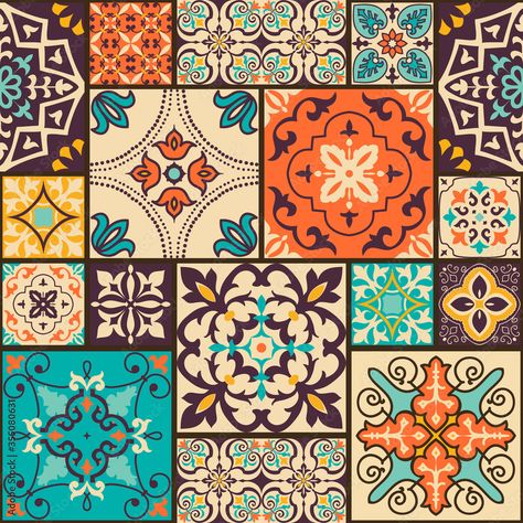 Stock Image: Seamless colorful patchwork tile with Islam, Arabic, Indian, ottoman motifs. Majolica pottery tile. Portuguese and Spain decor. Ceramic tile in talavera style. Vector illustration. Spain Decor, Arabic Motifs, Talavera Pattern, Indian Ottoman, Colorful Tile, Islamic Motifs, Mosaic Art Diy, Patchwork Tiles, Tiles Designs