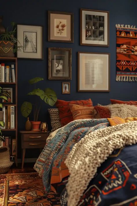 31 Stunning Boho Bedroom Ideas - DailyHomeSafety Deep Teal Bedroom Ideas, Eclectic Bedroom Decor Ideas, Blue And Orange Room Bedroom, Dark Cottagecore Bedroom Ideas, 1920s Bedroom Aesthetic, Dark Blue Boho Bedroom, Blue And Burnt Orange Bedroom, Navy And Terracotta Bedroom, Colourful Bedroom Aesthetic