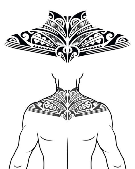 patrón de tatuaje de estilo tribal maorí apto para el cuello, la espalda y el pecho. con ejemplo en el cuerpo. para el catálogo de estudio de tatuajes. Men Chest Tattoo Ideas, Fiji Tattoo, Men Chest Tattoo, Maori Tattoo Arm, Tato Mandala, Tato Maori, 42 Tattoo, Chest Tattoo Ideas, Polynesian Tattoo Designs