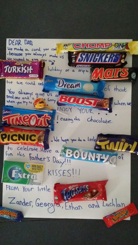 Father's day card with chocolate bars. Australia. Chocolate Cards Ideas Candy Bars, Birthday Card With Chocolate Bars, Fathers Day Chocolate Bar Card, Birthday Chocolate Bar Card, Dad Birthday Craft, Chocolate Boards, Candy Bar Poems, Candy Birthday Cards, Chocolate Poster