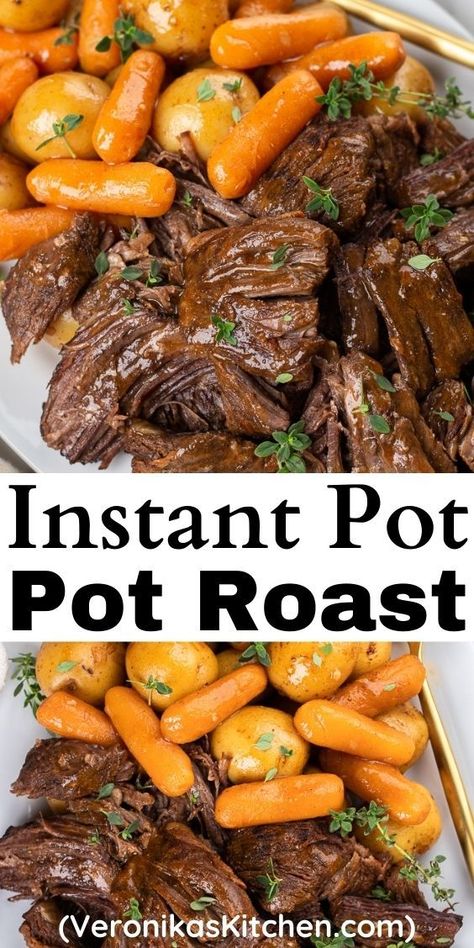 Pot roast with carrots and potatoes on a serving plate. Carrots In Instant Pot, Instant Pot Pot Roast Recipe, Pressure Cooker Roast, Instant Pot Roast, Beef Recipe Instant Pot, Roasted Potatoes And Carrots, Chuck Roast Recipes, Instant Pot Pot Roast, Classic Pot Roast