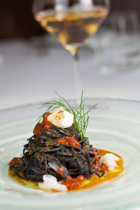 Homemade Black Spaghetti with Sea Urchins, Ricotta Cheese and Cuttlefish Mussel Spaghetti, Mussels Food Photography, Squid Ink Pasta With Mussels, Sea Urchin Fine Dining, Spaghetti With Mussels, Squid Ink Spaghetti, Black Pasta, Black Spaghetti, Squid Ink Pasta