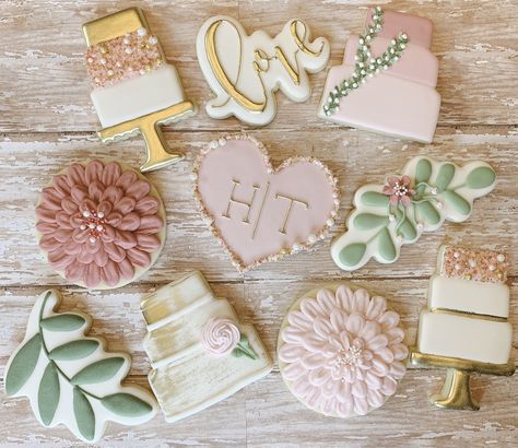 Rose, gold, blush and ivory cookies Blushing Bride Cookies, Rose Gold Bridal Shower Cookies, Sage And Blush Bridal Shower Ideas, Rose Gold Cookies Decorated, Rose Gold Cookies, Rose Gold Color Palette, Bride Cookies, Wedding Cookies Decorated, White And Gold Wedding Cake