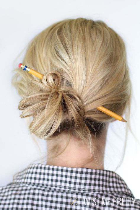 Remember this from high school? Still an easy hack. Click through for the video, if you need a refresher course. Pencil Bun, Teacher Hairstyles, Easy Updos For Medium Hair, Teacher Hair, Easy Hairstyles For Medium Hair, Up Dos For Medium Hair, All Hairstyles, Desk Drawer, Updos For Medium Length Hair