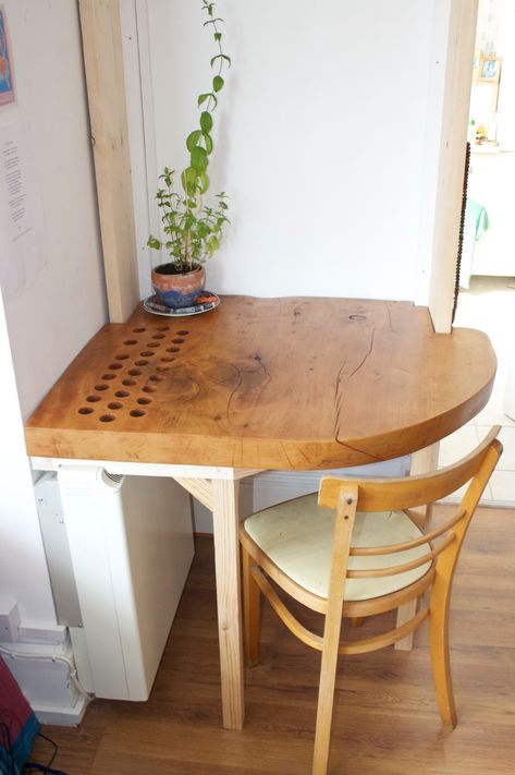 Cedar art table over Radiator with vent holes | Charlie Harris | Flickr Desk Above Radiator, Desk Over Radiator, Table Over Radiator, Kitchen Radiator, Office Redo, Shelter Ideas, Kitchen Party, Small Living Room Decor, Attic Bedroom