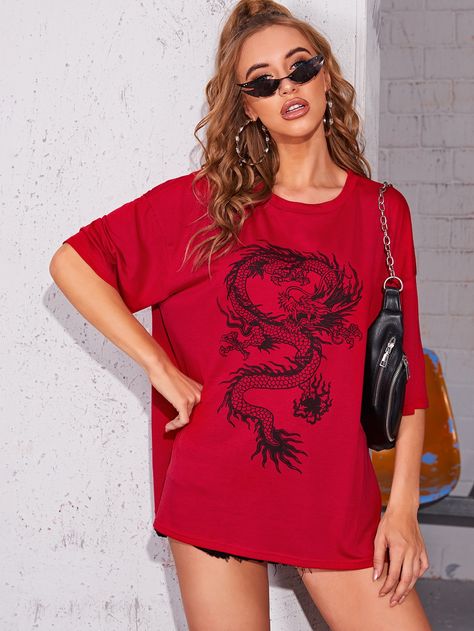 Dragon Print Oversize Tee Dragon Graphic, Oversize Tee, Dragon Print, Latest T Shirt, Women T Shirts, Shein Style, Oversized Tee, The Dragon, Amazing Products