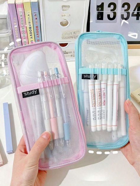 Grid Mesh Pencil Case with Zipper Clear Pencil Pouch Visible Pen Bag Multi-Purpose Transparent Makeup Bag School College Travel Office Gift for Teen AdultsI discovered amazing products on SHEIN.com, come check them out! Mesh Pencil Case, Transparent Pencil Case, Pencil Shavings, Pencil Storage, Pen Bag, Stationery Storage, Travel Office, Bag School, Korean Aesthetic