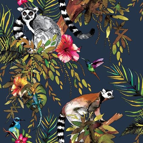 This design is printed on luxury heavyweight paper or non-woven material, depending on the collection, to ensure durability and provide excellent quality. Lemurs are the focal point of this brilliantly bold design in a rainforest setting featuring tropical florals and birds. Features a midnight blue background. Lemur Wallpaper, Midnight Blue Wallpaper, Wildlife Wallpaper, Jungle Birds, Feature Wallpaper, Animal Print Wallpaper, How To Hang Wallpaper, Tropical Foliage, Metallic Wallpaper