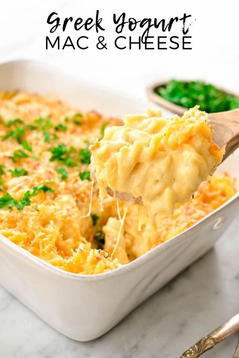 Gluten-Free Baked Greek Yogurt Mac and Cheese is an easy, healthier version of everyone's favorite comfort food! It's gluten-free and protein-packed and a great make-ahead dish to feed a crowd! #glutenfree #macandcheese #recipe #healthyrecipe #dinner #maindish #sidedish via @joyfoodsunshine Baked Greek Yogurt, Greek Yogurt Mac And Cheese, Yogurt Mac And Cheese, Healthy Mac N Cheese, Best Mac N Cheese Recipe, Best Mac And Cheese, Greek Yogurt Recipes, Comfort Food Recipes Dinners, Feed A Crowd