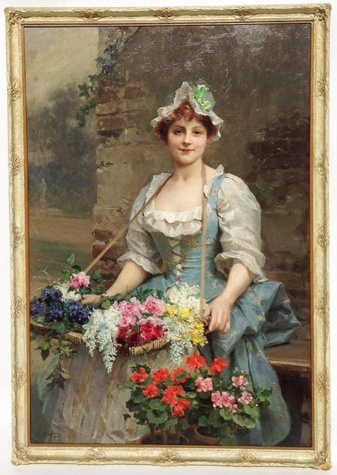 A Fine and Large 19th Century Oil on Canvas Titled "The Flower Seller" depicting young girl carrying a tray full of flowers, in the manner of Louis Marie de Schryver (French, 1862-1912). Signed: S. Blackstone. William Bouguereau, Flower Seller, Victorian Paintings, French Flowers, Tableau Art, Victorian Art, Classical Art, Flower Market, Geraniums